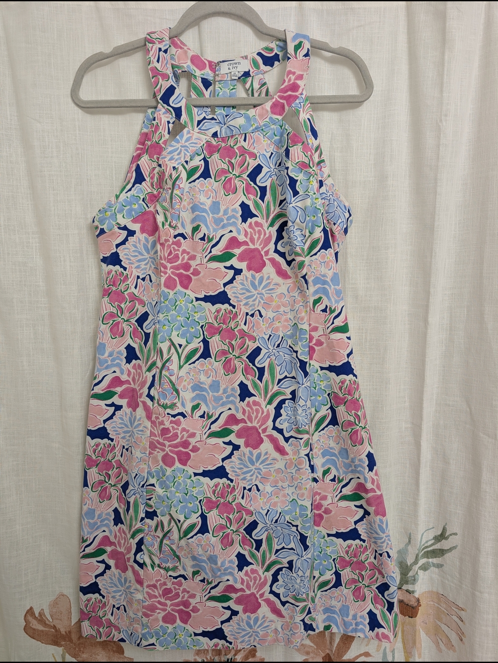 Crown & Ivy Size 16 Floral Halter Dress Pink Blue Sleeveless A-Line